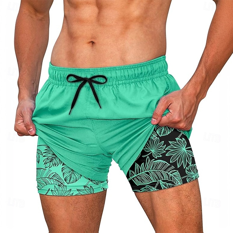 Men's Coconut Tree Palm Leaf Lined Shorts 2 in 1 Board Shorts Swim Shorts Mid Waist Hawaiian Vacation Beach Wear Side Pockets With Compression Liner Elastic Drawstring Waist Designer Clothing Apparel3