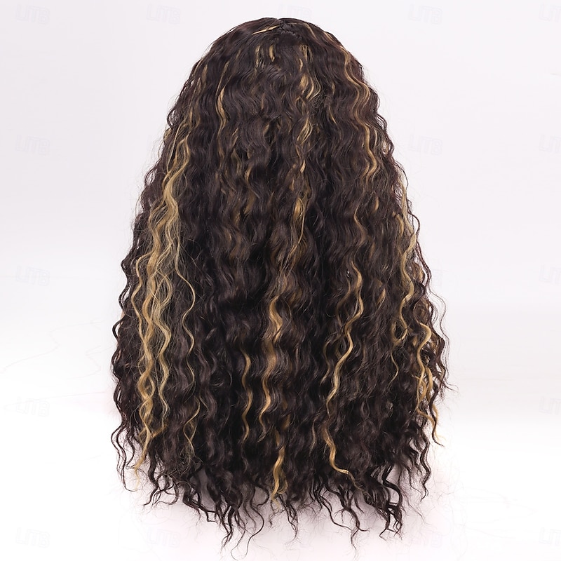 Synthetic Wig Jerry Curl Water Wave Layered Haircut Deep Parting Machine Made Wig 26 inch A1 Synthetic Hair Women's Classic Adorable Comfortable Brown3
