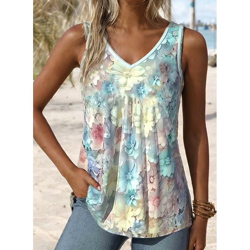 Women's Camisole Tank Top Floral Graphic Daily Stylish Romantic Sleeveless V Neck Regular Tops Print Light Blue Summer Spring
