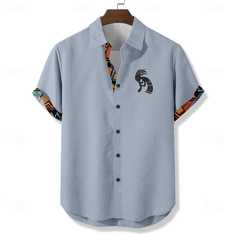 Men's Aztec Ethnic Kokopelli Shirt Summer Shirt Button Up Shirt Short Sleeve Vintage Retro Vacation Dailywear Beach Wear Summer Spring Turndown 3D Print Linen Like Shirt Blue Green Khaki3