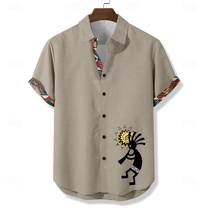 Men's Sun Ethnic Kokopelli Shirt Summer Shirt Button Up Shirt Short Sleeve Vintage Retro Vacation Dailywear Beach Wear Summer Spring Turndown 3D Print Linen Like Shirt Blue Green Khaki2