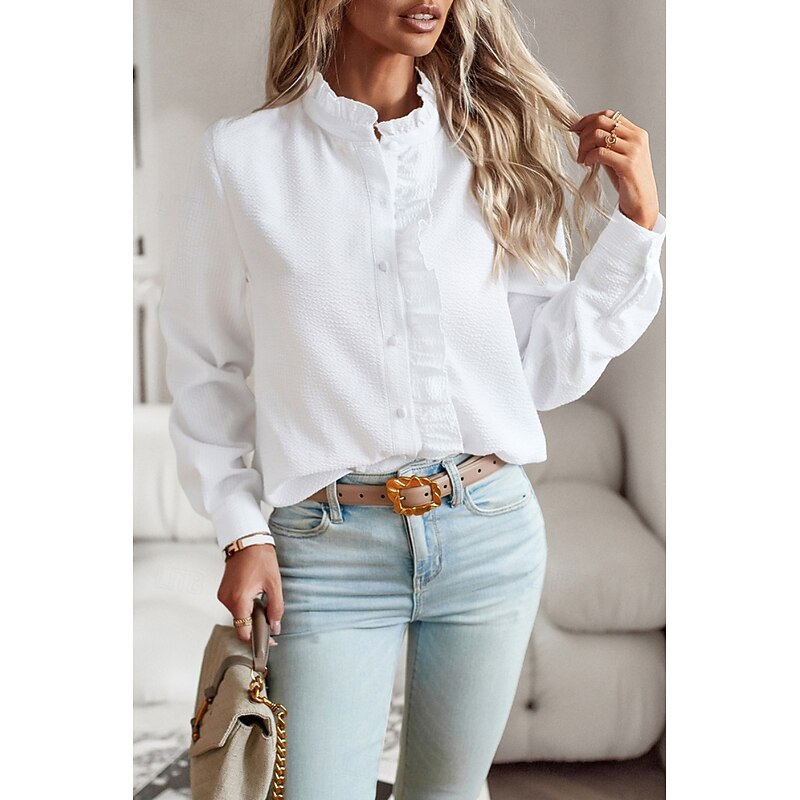 Women's Shirt Cotton Linen Shirt Blouse Plain Modern Casual Long Sleeve High Neck Regular Tops Daily Going out Buttons Black White Pink Blue Summer3