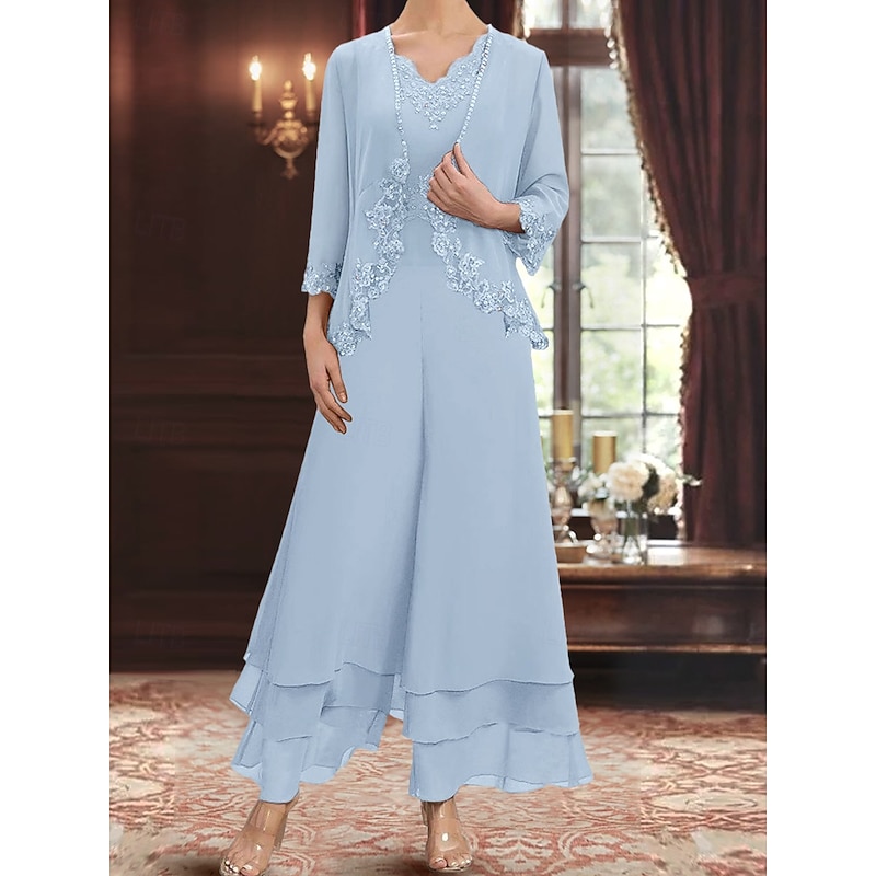 Dress Sets Mother of the Bride Dress Wedding Guest Elegant Simple V Neck Floor Length Polyester Long Sleeve with Embroidery