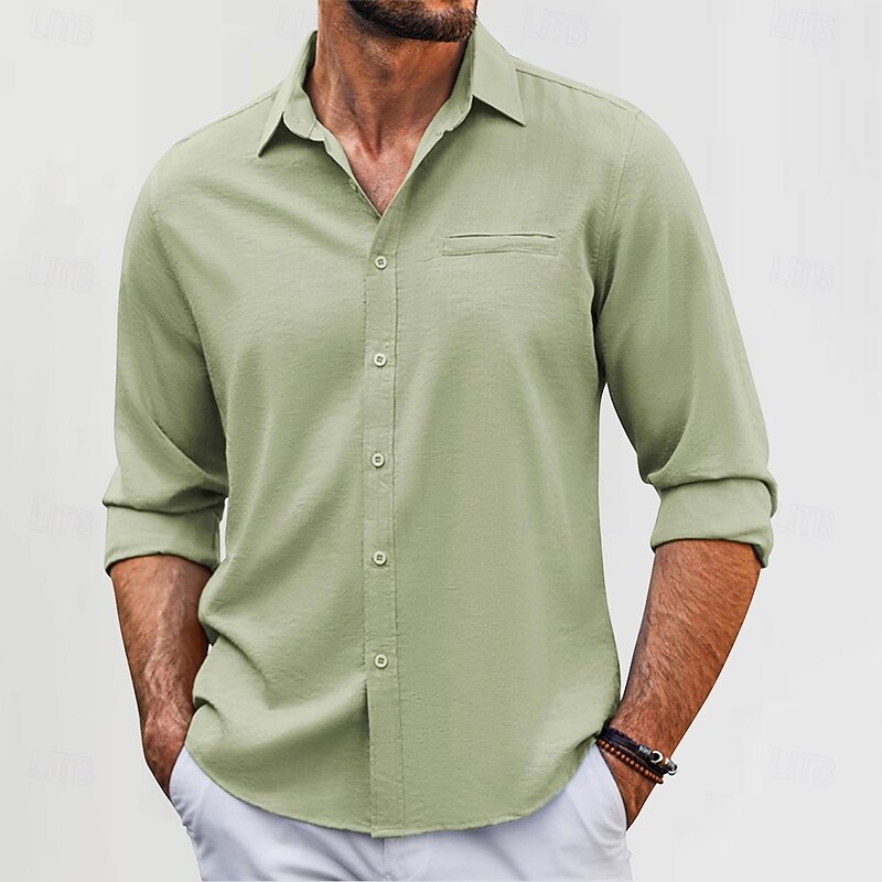Men's Cotton Linen Shirt Plain Vacation Black White Green Apricot Long Sleeve Lapel Clothing Apparel Front Pocket