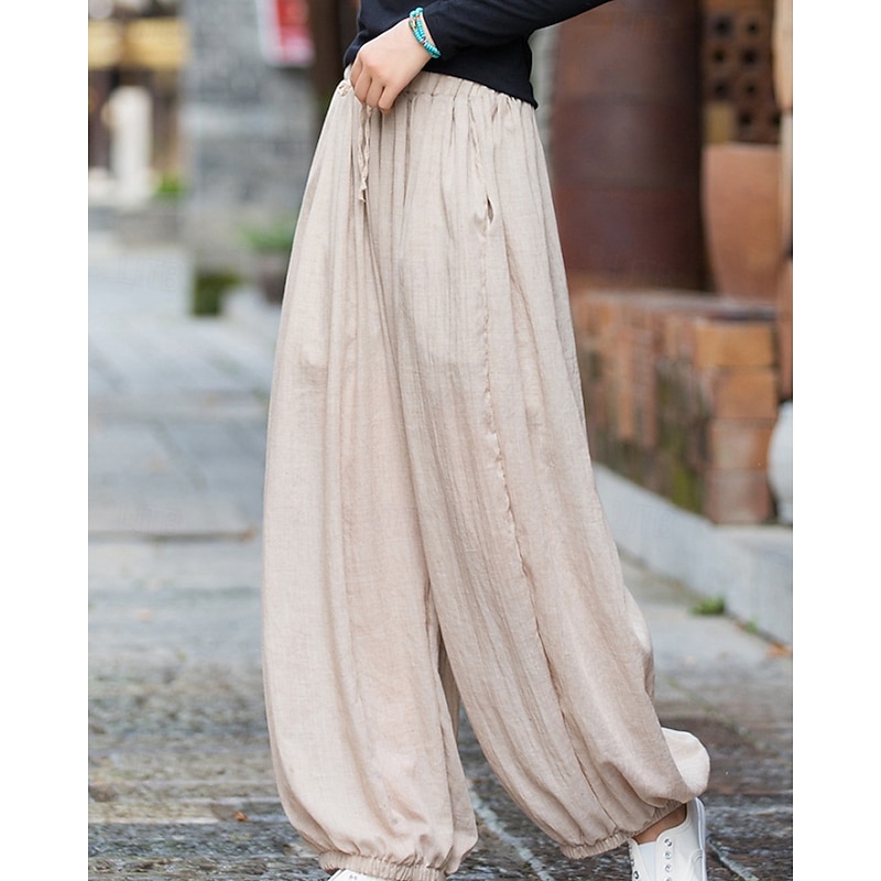 Women's Cotton Linen Pants Slacks Streetwear Full Length Natural Plain Pocket Elastic Drawstring Design Outdoor Comfortable Street Daily Wear Rust Navy Green Beige Summer Regular Fit