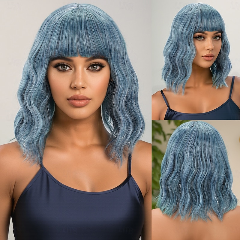 Synthetic Wig Wavy Water Wave Layered Haircut Neat Bang Machine Made Wig 12 inch A1 Synthetic Hair Women's Classic Adorable Comfortable Blue