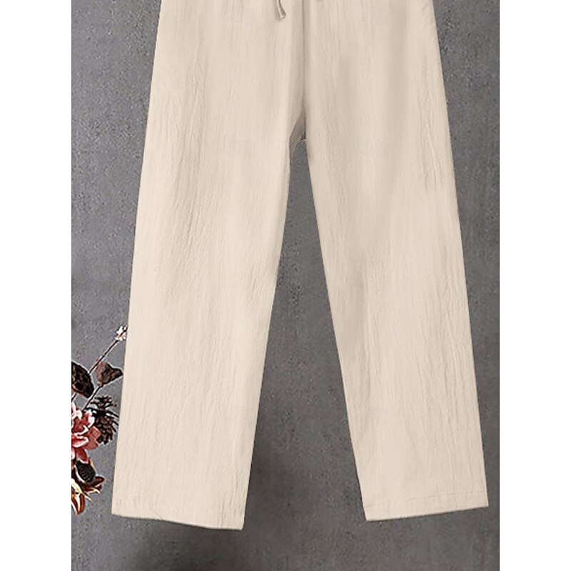 Women's Cotton Linen Wide Leg Solid Color Chinos Baggy Pants Basic Casual Full Length High Waist Plain Drawstring Comfort Outdoor Micro-elastic Vacation Street Daily Black White Blue Khaki3