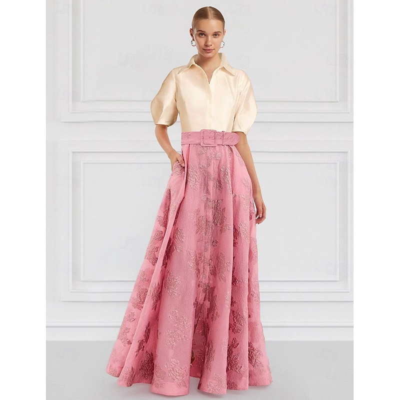A-Line Mother of the Bride Evening Gown Elegant Dress Formal Wedding Guest Floor Length Half Sleeve Shirt Collar Belt / Sash Nylon with Floral Print Wedding Guest Dress4