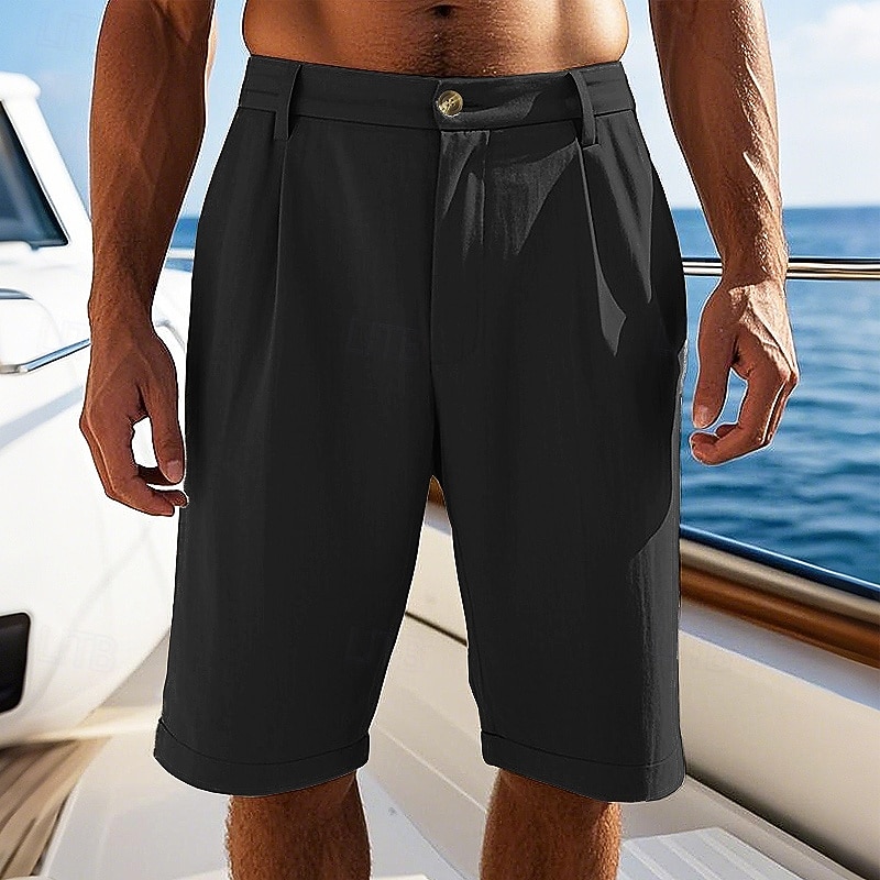 Men's Shorts Linen Shorts Summer Shorts Beach Shorts Pocket Shirred Plain Comfort Breathable Short Vacation Holiday Beach Hawaiian Boho Black White2