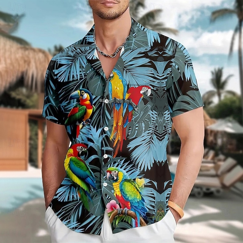 Men's Coconut Tree Funny Parrot Shirt Summer Hawaiian Shirt Button Up Shirt Short Sleeve Hawaiian Vacation Holiday Beach Wear Summer Spring Turndown 3D Print Collared Shirts Front One Pocket Black3