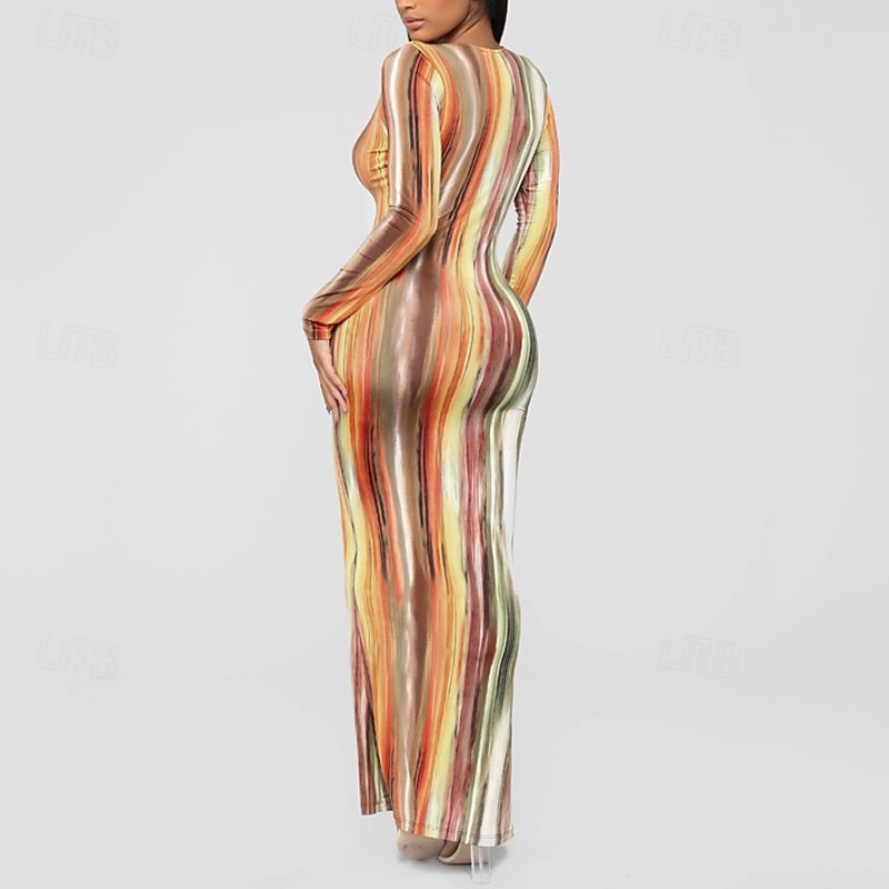 Women's Long Dress Maxi Dress Casual Dress Boho Dress Fashion Modern Outdoor Holiday Date Regular Fit Striped Long Sleeve Deep V Orange Green Gray Summer Spring2