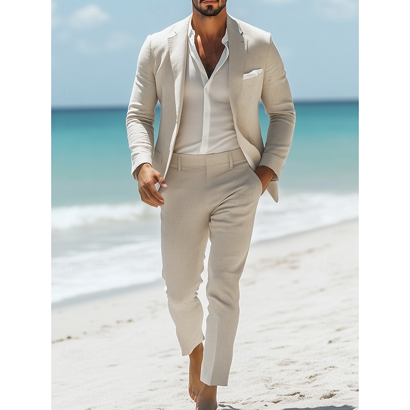 Men's Casual Linen Suits Beige Half Lined Lightweight Summer Solid Colored Standard Fit 2 Piece Single Breasted One-button2