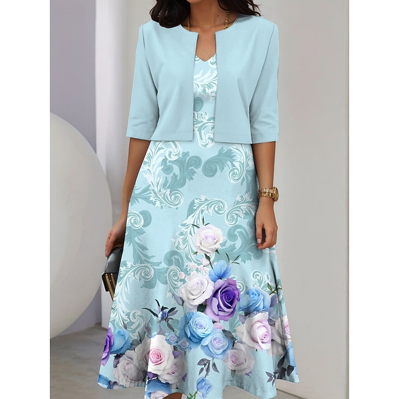 Women's Two Piece Dress Sets Midi Dress with Jacket Elegant A Line Dress Half Sleeve Party Semi Formal Floral Graphic Print V Neck Wedding Guest Daily Blue Regular Fit