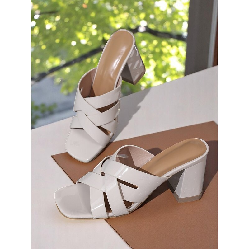 Women's Patent Leather Block Heel Sandals - Black Glossy Open-Toe Mules with Crisscross Straps, Chic Evening & Office Shoes3