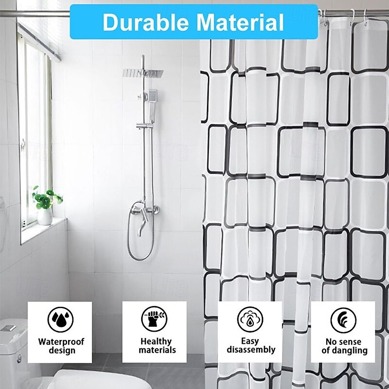 PEVA Shower Curtain Liner with Plastic Hooks Waterproof for Bathroom Decor Clear Contemporary Bathroom Curtains Black White Lattice Pattern2