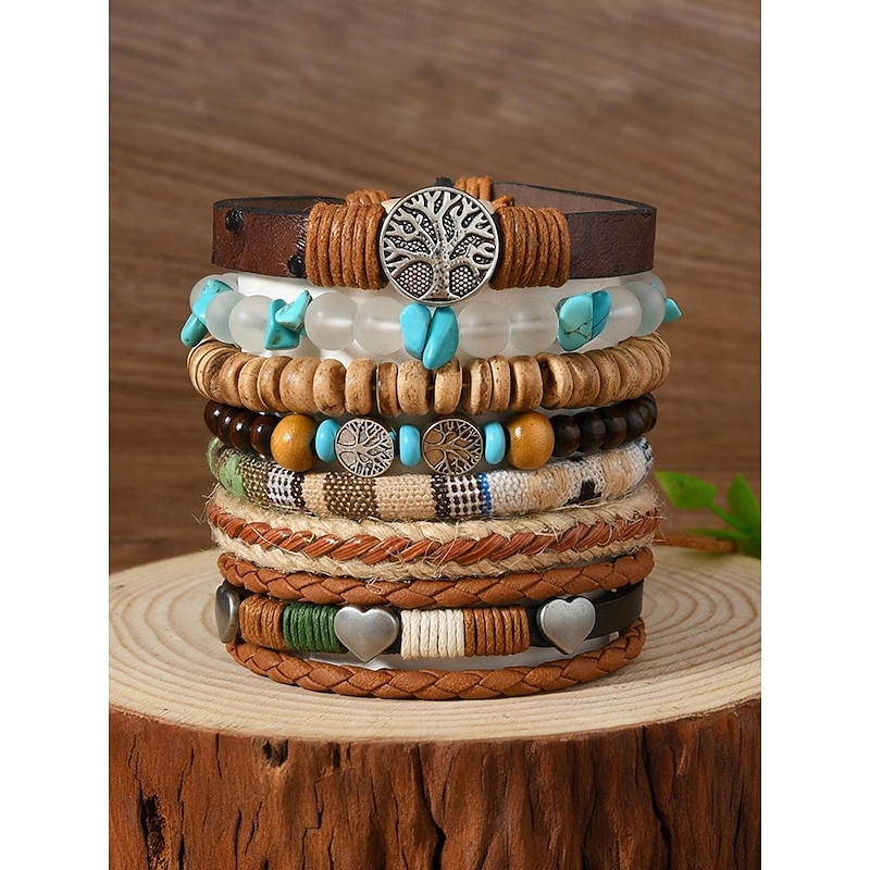 Boho Leather and Bead Bracelet Set for Men and Women – Adjustable Friendship, Tree of Life Charm – Vintage Handmade Tribal Accessories for Casual Wear, Festivals and Daily Fashion3