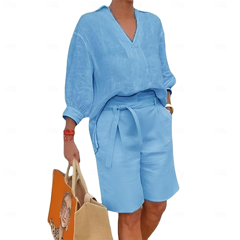 Women's Fashion Streetwear Shirt Cotton Linen Sets Two Piece Sets Beach Shorts Short Sleeve V Neck Solid Color Drawstring Daily Wear Date Blue Khaki Gray Summer Regular Fit3