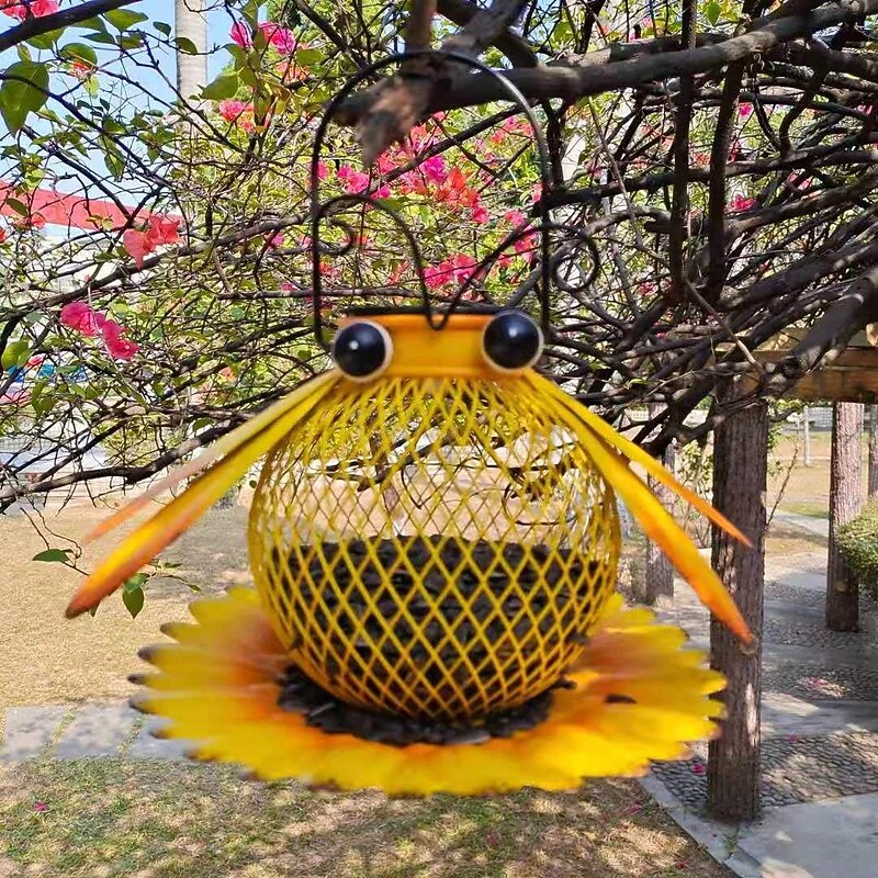 1 Pc outdoor solar powered hanging iron bird feeder with light seal, seven star ladybug cute design, sturdy and durable capacity, large courtyard garden decoration light, bird lover's gift