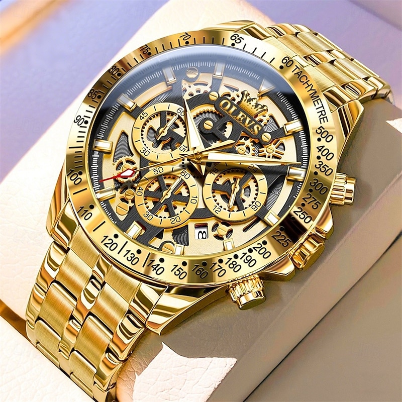 OLEVS 9913 Men Watch Sport Business Hollow out Waterproof Luminous Stainless Steel Chronograph Top Luxury Gold Quartz Men Watch