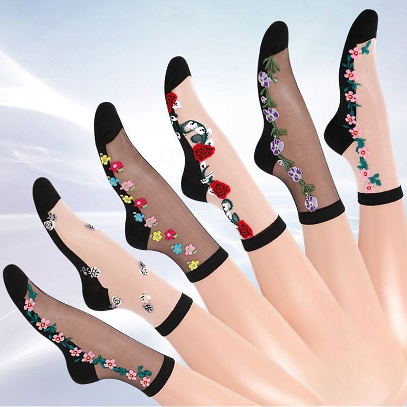 6 Pairs Lady Embroidery Floral Socks Transparent Sheer Mesh Thin Comfort Hosiery
