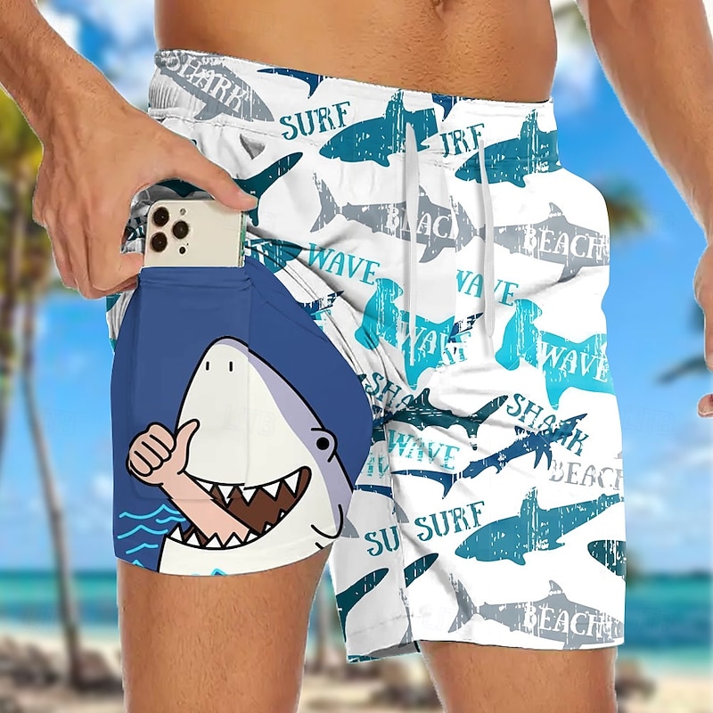 Men's Shark Funny Sea Creatures Lined Shorts 2 in 1 Board Shorts Swim Shorts Mid Waist Hawaiian Vacation Beach Wear Side Pockets With Compression Liner Elastic Drawstring Waist Designer Clothing4