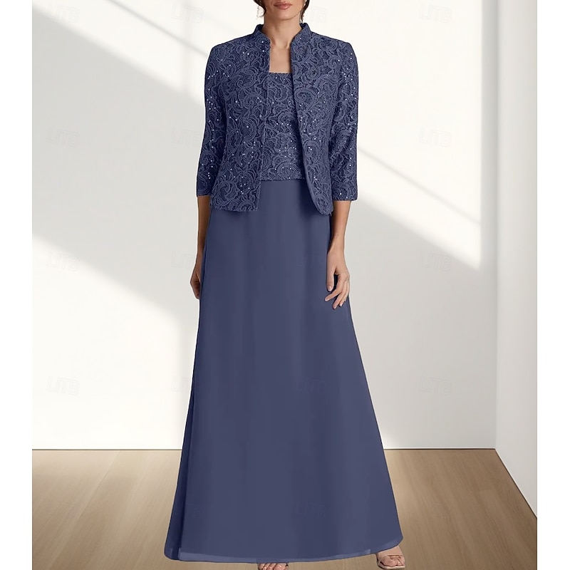Two Piece A-Line Mother of the Bride Dress Wedding Guest Elegant Square Neck Floor Length Chiffon Lace 3/4 Length Sleeve with Lace - Main Image