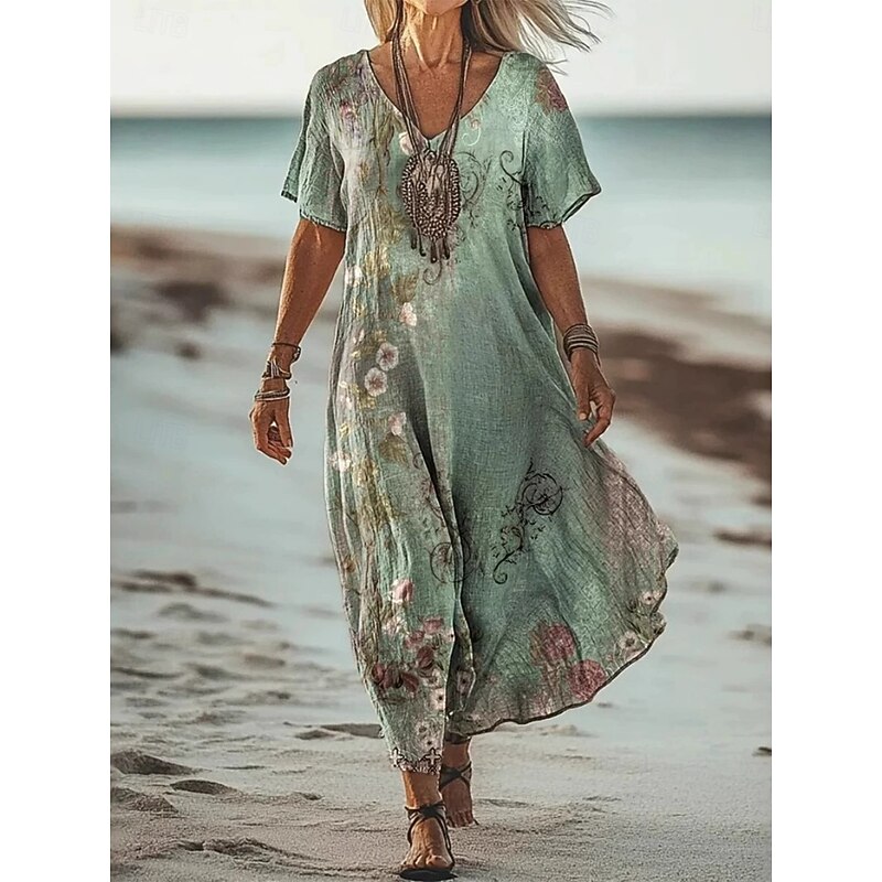 Women's Long Dress Maxi Dress Casual Dress Summer Dress Boho Dress African Vacation Daily Weekend Regular Fit Floral Short Sleeve V Neck Light Green Purple Green Apricot Summer