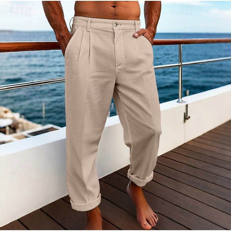 Men's Linen Pants Trousers Dress Pants Summer Pants Baggy Pants Front Pocket Straight Leg Plain Comfort Breathable Full Length Business Daily Holiday Vacation Fashion Black White