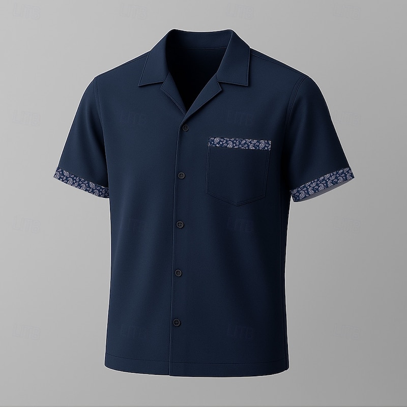 Men's Shirt Navy Blue Short Sleeve Paisley Cuban Collar School Formal Buttons Clothing Apparel Elegant Vacation Vintage Tropical2