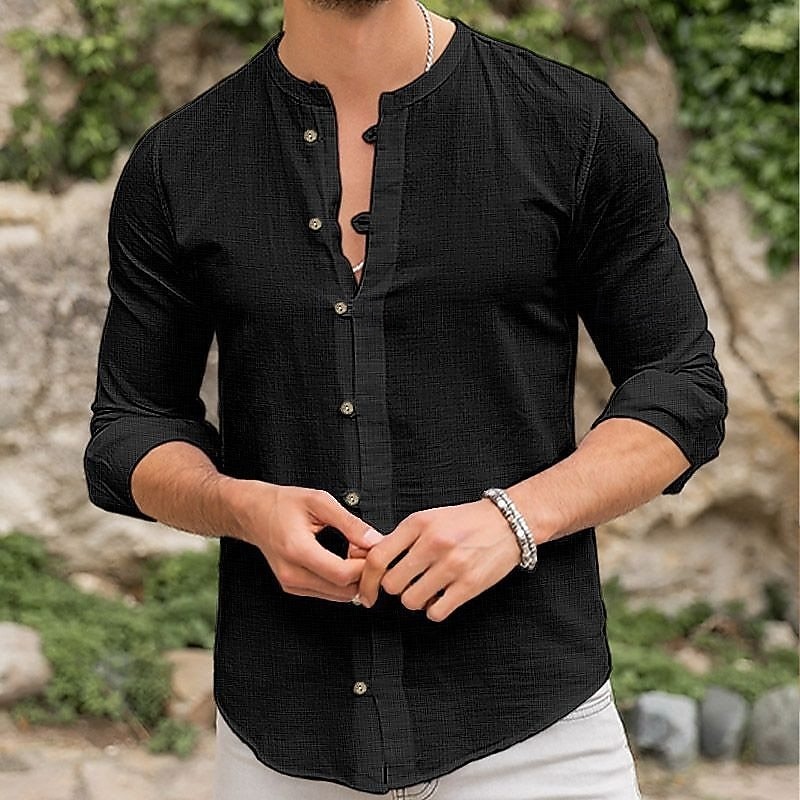 Men's Shirt Linen Shirt Summer Shirt Beach Wear Button Up Shirt Plain Vacation Street Black White Sky Blue Orange Long Sleeve Stand Collar Summer Spring Clothing Apparel Buttons3