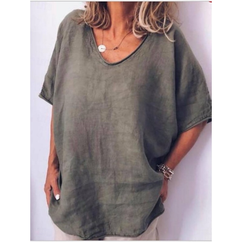 Women's Blouse Solid Color Basic Casual Half Sleeve V Neck Regular Tops Daily White Yellow Light Green Army Green Summer4