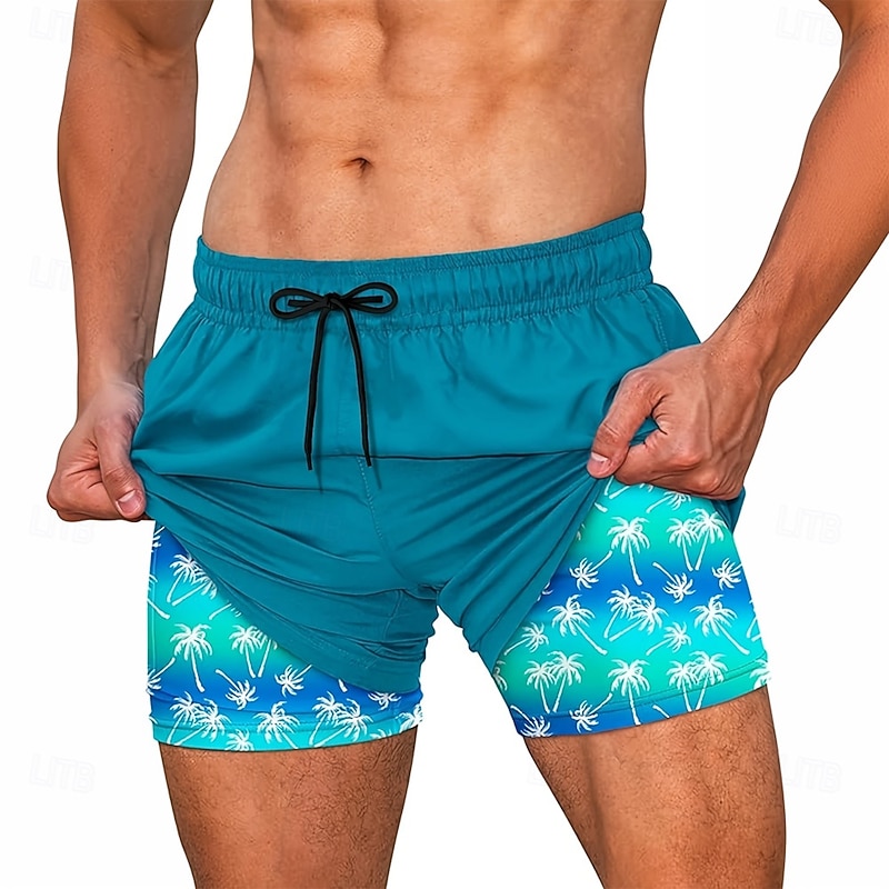 Men's Coconut Tree Palm Leaf Lined Shorts 2 in 1 Board Shorts Swim Shorts Mid Waist Hawaiian Vacation Beach Wear Side Pockets With Compression Liner Elastic Drawstring Waist Designer Clothing Apparel