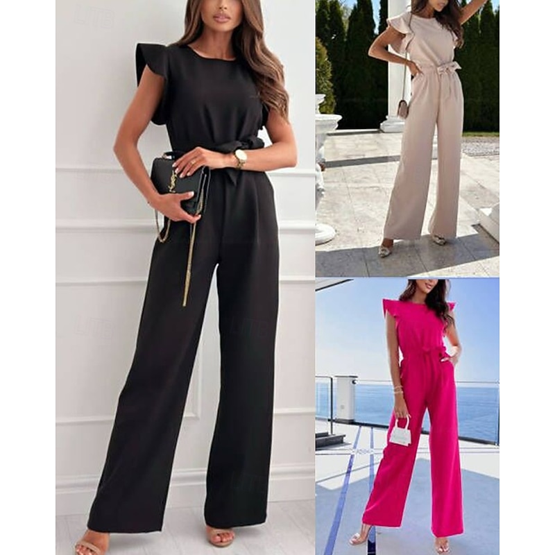 Women's Normal Jumpsuit Streetwear Solid Color Sleeveless Straight Crew Neck Ruffle Street Daily Regular Fit Black Red Apricot Summer