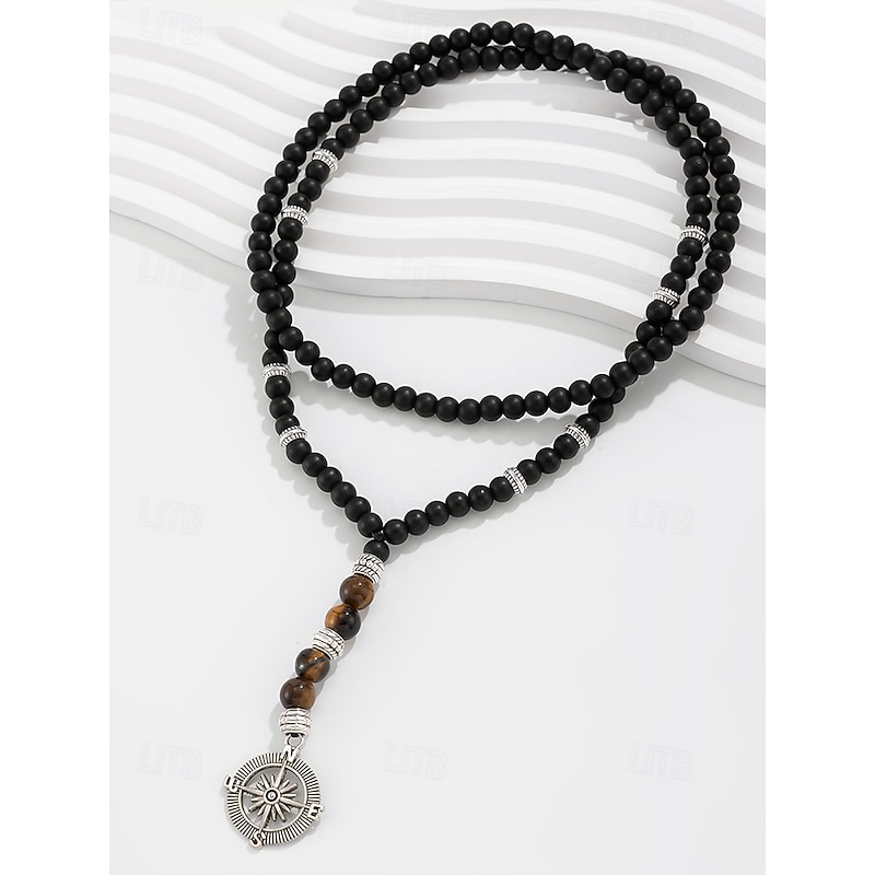 Men's Black Matte Bead Necklace with Silver Compass Pendant, Stylish Tribal-Inspired Design, Adjustable Length, Casual and Boho Style for Everyday Wear and Travel4