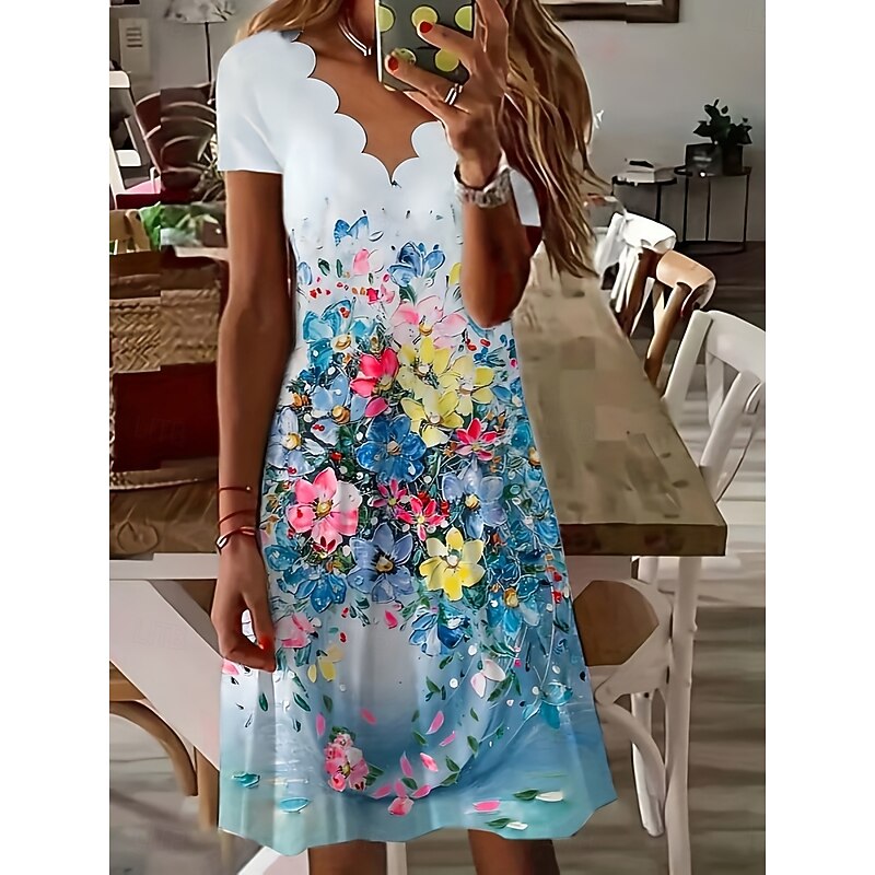 Women's Mini Dress A Line Dress Summer Dress Casual Daily Regular Fit Floral Graphic Short Sleeve V Neck Blue Summer