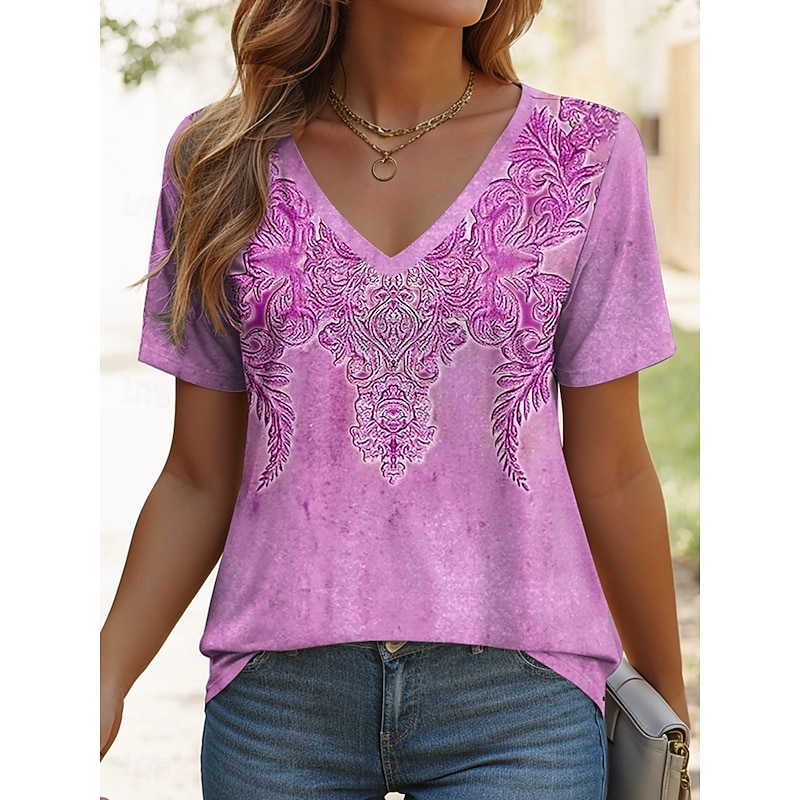 Women's T Shirt Graphic Geometric Paisley Vintage Ethnic Casual Short Sleeve V Neck Regular Tops Daily Print Blue Purple Green Summer Spring4