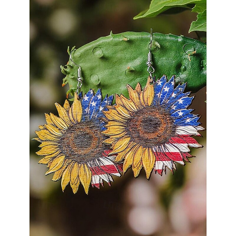 Women's American Flag Sunflower Wooden Dangle Earrings – Patriotic Boho Style Lightweight Statement Jewelry for Independence Day, 4th of July, Memorial Day and Summer Festivals3