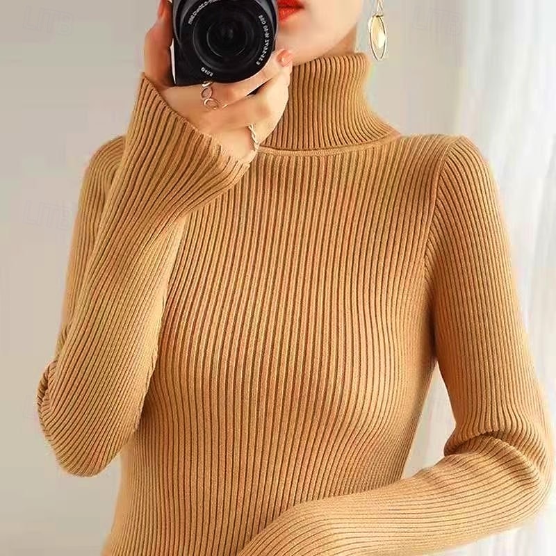 Women's Pullover Sweater Jumper Stylish Casual Soft Solid Color Ribbed Turtleneck Oversized Long Sleeve Knit Daily Holiday Going out Rust Red Pink purple Fall Winter4
