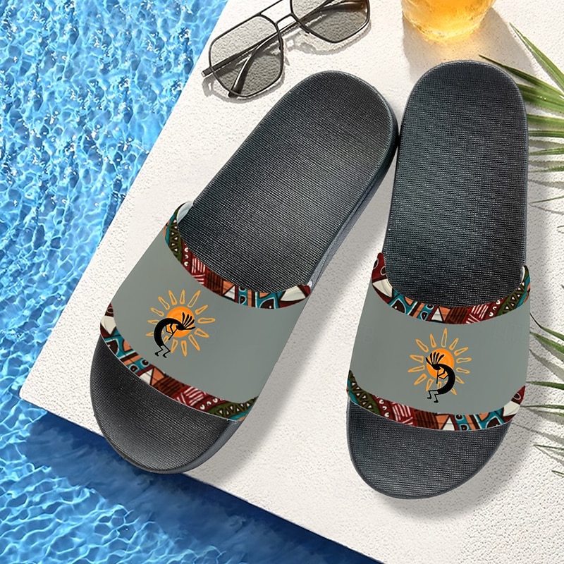 Men's Ethnic Print Non-Slip Pool Slides – Lightweight Summer Slippers with Tribal Kokopelli Design for Beach and Poolside4