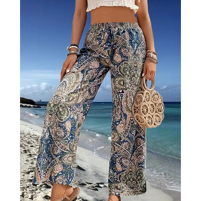 Women's Slacks Pants Trousers Fashion Boho Full Length Natural Flower Elastic Waist Printing Comfy Outdoor Comfortable Vacation Going out Magenta Apricot Navy Blue Summer Regular Fit4