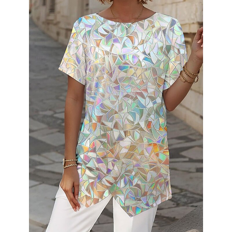 Women's Blouse Asymmetrical Hem Floral Graphic Stylish Beach Short Sleeve Crew Neck Regular Tops Daily Print Black White Pink Blue Summer Spring Fall