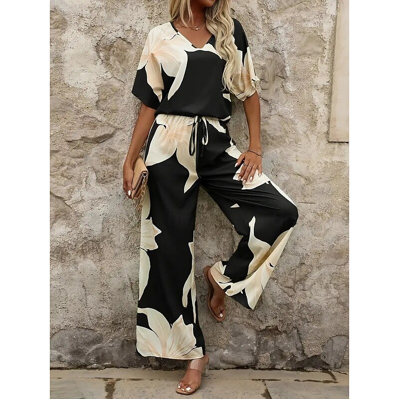 Women EU / US Size2 Pieces SetsFashion Pants Sets Half Sleeve Lantern Sleeve V Neck Graphic Print Casual Black Yellow Red Spring & Summer Loose Fit2