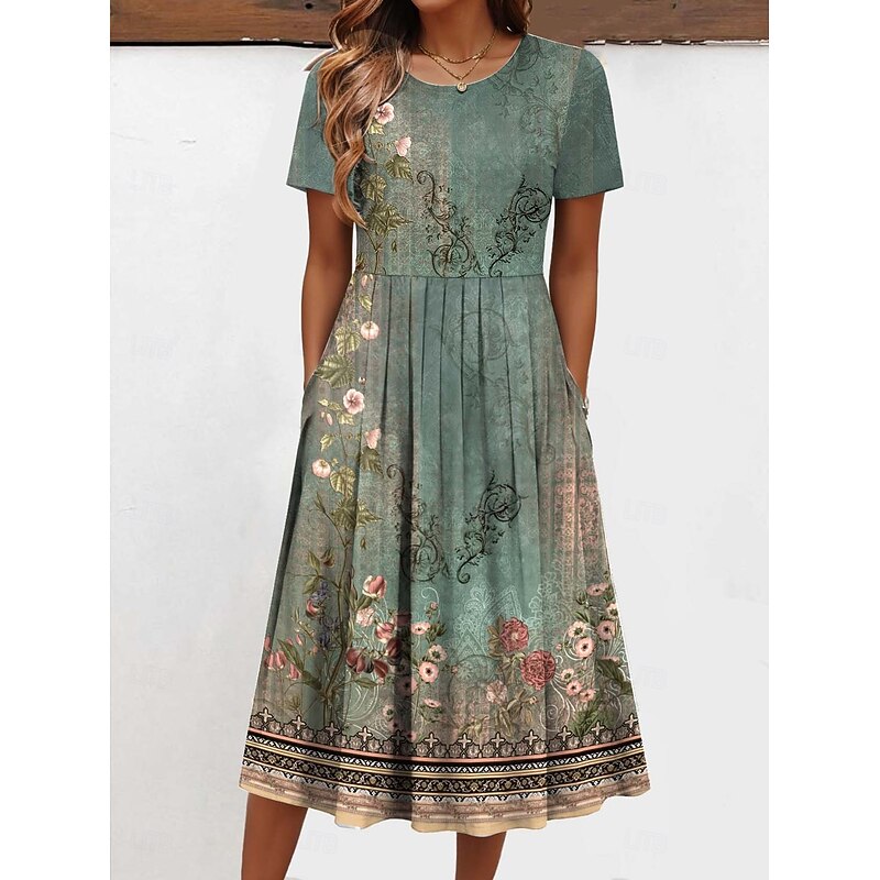 Women's Midi Dress T Shirt Dress Tee Dress Vacation Casual Daily Regular Fit Floral Graphic Short Sleeve Crew Neck Light Green Pink Green Beige Summer