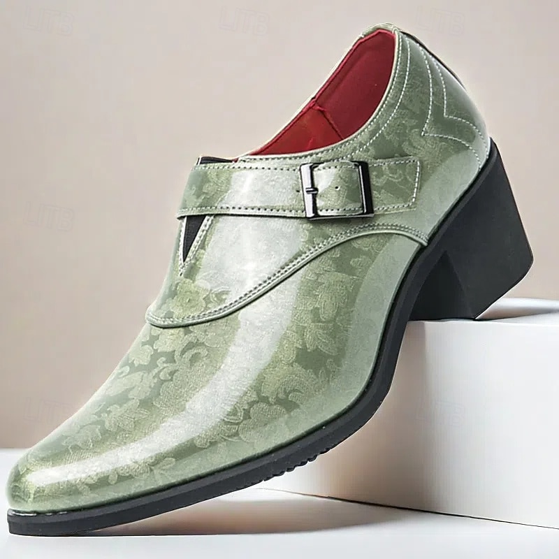 Green Embossed Leather Dress Shoes for Men with Belt Strap - Elegant Dance Shoes for Formal Events