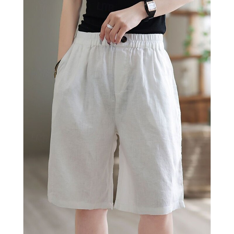 Women's Slacks Crop Streetwear Casual Knee Length Natural Plain Pocket Elastic Waist Comfy Outdoor Comfortable Street Going out Black White Yellow Green Summer Regular Fit