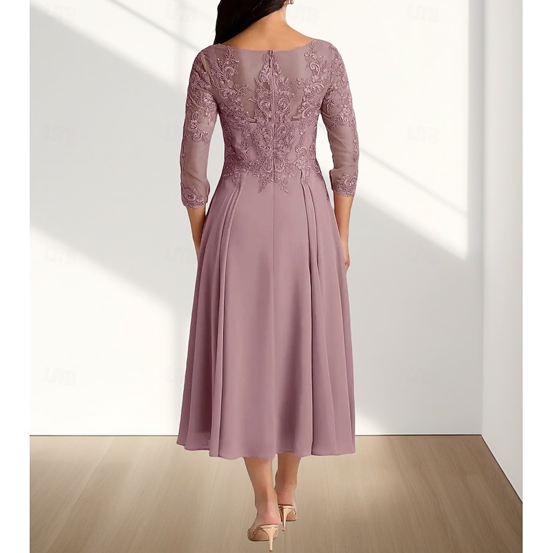 A-Line Mother of the Bride Dress Wedding Guest Elegant Crew Neck Tea Length Chiffon 3/4 Length Sleeve with Pleats Appliques Midi Dress2