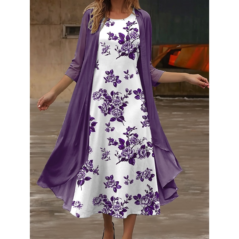 Women's Dress Set Midi Dress Summer Dress Casual Semi Formal Floral Graphic Print 3/4 Length Sleeve Crew Neck Daily Holiday Blue Purple Green Summer Spring Regular Fit2
