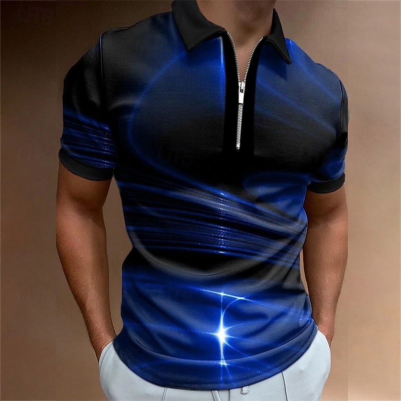 Men's Geometric Zip Polo Shirts Golf Shirt Short Sleeve Polo Shirts Collared Shirts Business Casual Vacation Wear Formal Wear Festival Wear 3D Print Quarter Zip Polo Black / Red Yellow Pink2