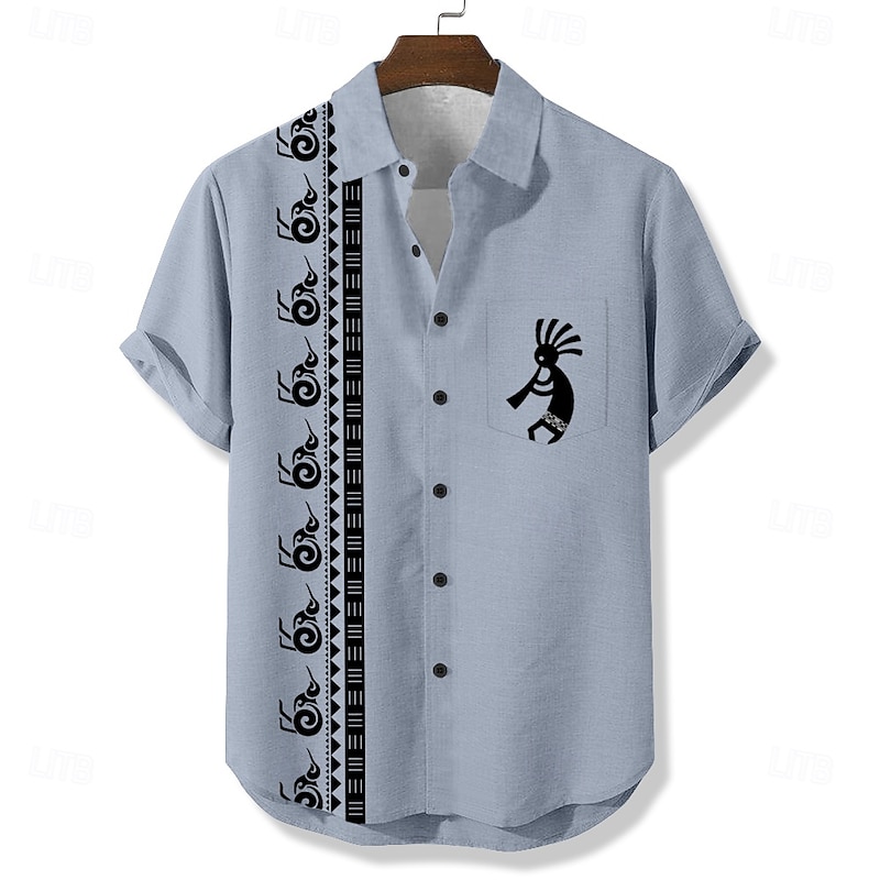Men's Geometric Ethnic Kokopelli Shirt Casual Shirt Button Up Shirt Short Sleeve Vintage Retro Vacation Holiday Streetwear Summer Turndown 3D Print Front One Pocket Linen Like Shirt Blue 2# Army