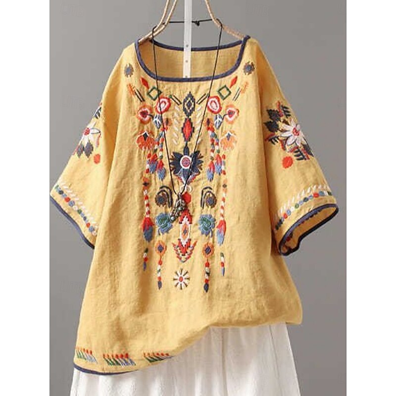 Women's Blouse Floral Bohemia Basic Casual Half Sleeve Crew Neck Regular Tops Daily Embroidered White Yellow Red Summer